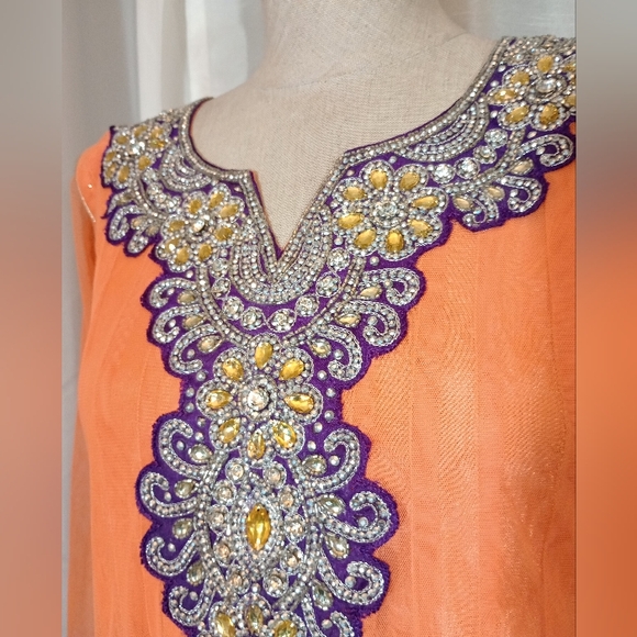 Halloween  Beaded Indian Maxi Dress, Orange, Purple floral, gold satin trim, L - Picture 5 of 12